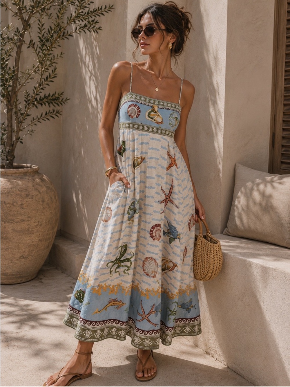 Caroline Constas Ocean Coastal Seashell Linen Maxi Dress Blue Cream NWT - Picture 2 of 11